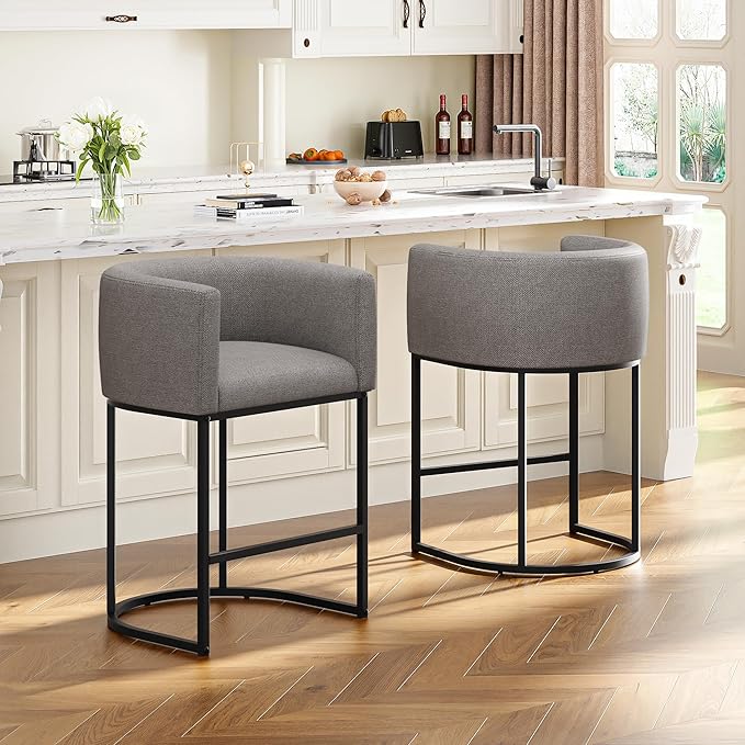 26" H Counter Height Bar Stools Set of 4, Modern Barrel Counter Stools with Backrest and Arms, Linen Fabric Upholstered Accent Barstools for Kitchen Island,Support 450 LBS (Gray)