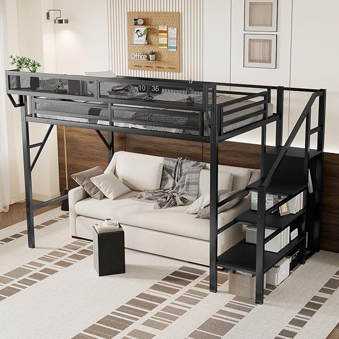 KEIKI Twin XL Size Metal Loft Bed Frame with Convertible Staircase, Built-in Storage Shelves & Wardrobe, Loft Bed with Solid Slat & Guardrail, No Box Spring Required, Easy Assembly, for Bedroom, Black