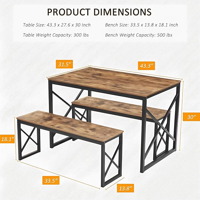 VECELO 43.3" Kitchen Dining Table Set for 4, Heavy-Duty Steel Frame & Wood-Grain Tabletop, Space-Saving Dinette Sets with 2 Benches for Breakfast Nook and Small Space, Brown