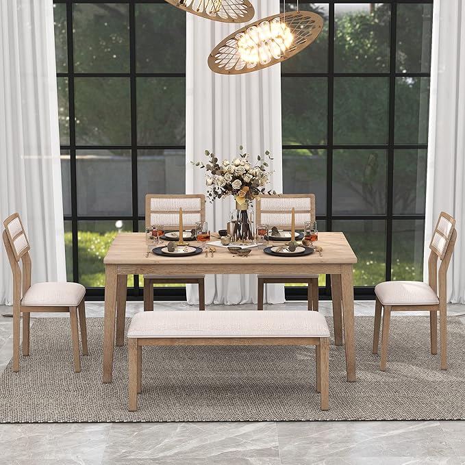 Harper & Bright Designs Kitchen Dining Table Set for 6, Classic and Traditional Style 6 Piece Kitchen Dining Table Set, 4 Upholstered Chairs & Bench (Natural Wood Wash)