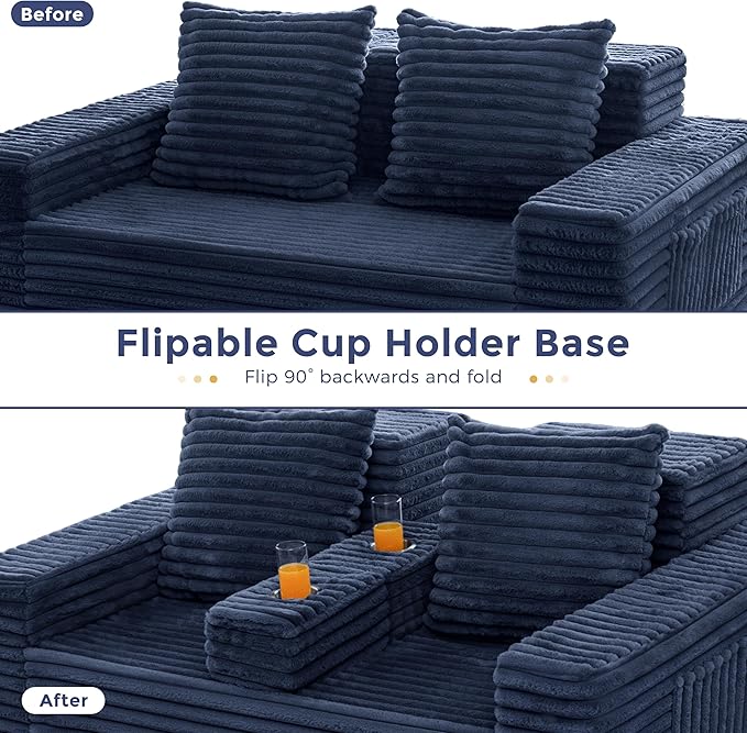 MAXYOYO Loveseat Sofa Bed, Striped Faux Fur Foldable Floor Sofa Couch in A Box, 4 in 1 Convertible Boneless Couch with 2 Cup Holders, Folding Recliner Sleeper Chair, No Assembly Required, Navy