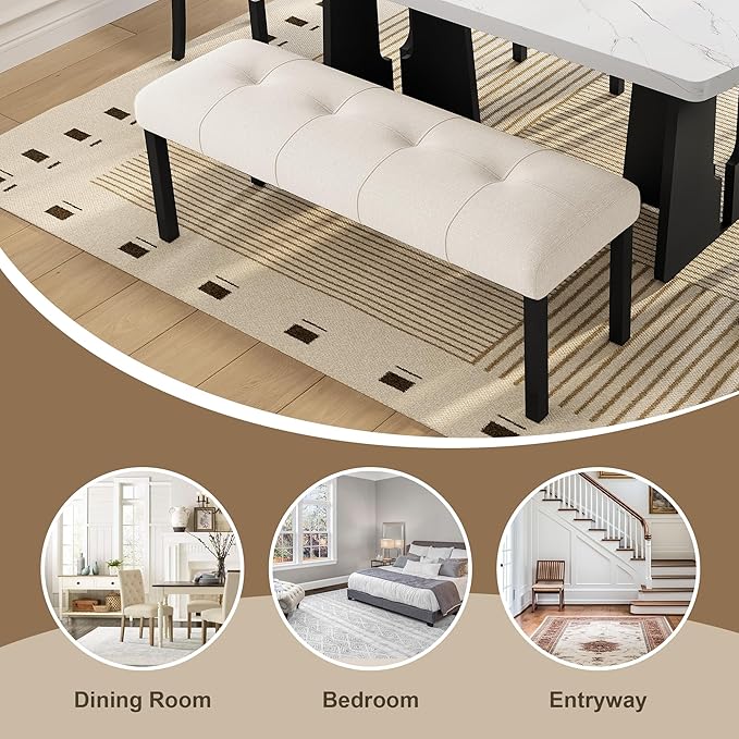 Merax 6-Piece Dining Table Set for 6, Modern Faux Marble Oval Kitchen Tabletop with Four Upholstered Chairs and One Bench for Dining, Living Room, Kitchen, Easy Assembly, White+ Beige