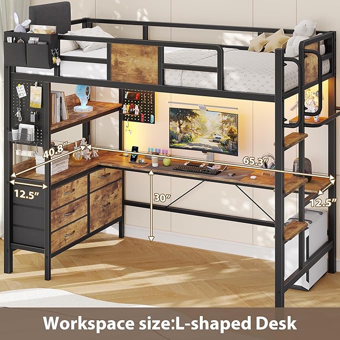 Dnxao Loft Bed Twin Size with L-Shaped Desk and 5 Storage Drawers, LED Metal Twin Loft Bed for Teens & Adults, Space-Saving Workstation with Charging Station for Small Bedroom & Dorm, Rustic Brown