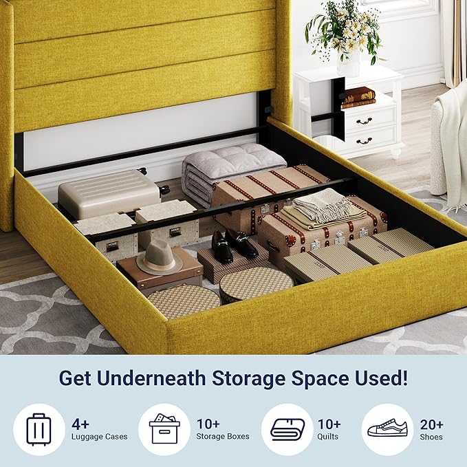 Allewie Full Size Lift Up Storage Bed, Modern Wingback Headboard, Hydraulic Support, No Box Spring Needed, Olive Yellow