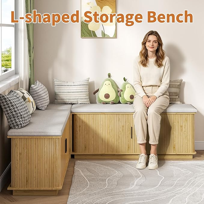 L-Shape Storage Bench with Cushion, Wood Corner Dining Bench, Kitchen Breakfast Nook Bench with Hidden Storage for Dining Room, Kitchen, Entryway, Cloakroom
