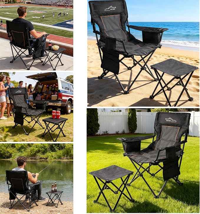 FAIR WIND Oversized Padded Camping Chair with Footrest Stool Set Heavy Duty Support 300 LBS Cooler Bag - Black