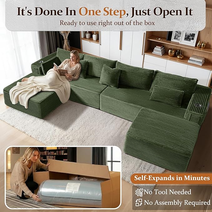 30" Cloud Sectional Couch Single Seat for Living Room, Extra Deep Seats No Assembly, Minimalist Modular Couch, Corduroy (Olive Green, Single seat)