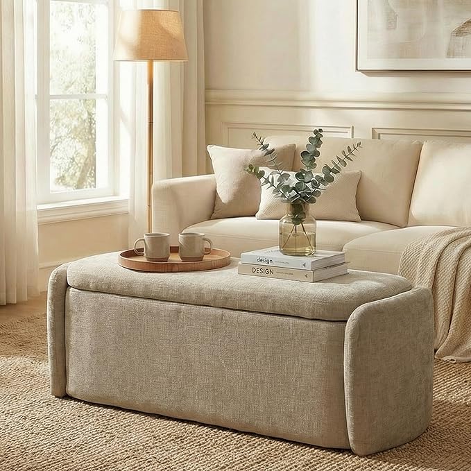 VKNOW 46" Oval Storage Ottoman Bench, Upholstered End of Bed Bench Ottomans Bench Foot Rest, Sherpa Storage Bench for Bedroom, Living Room and Hallway, Light Brown