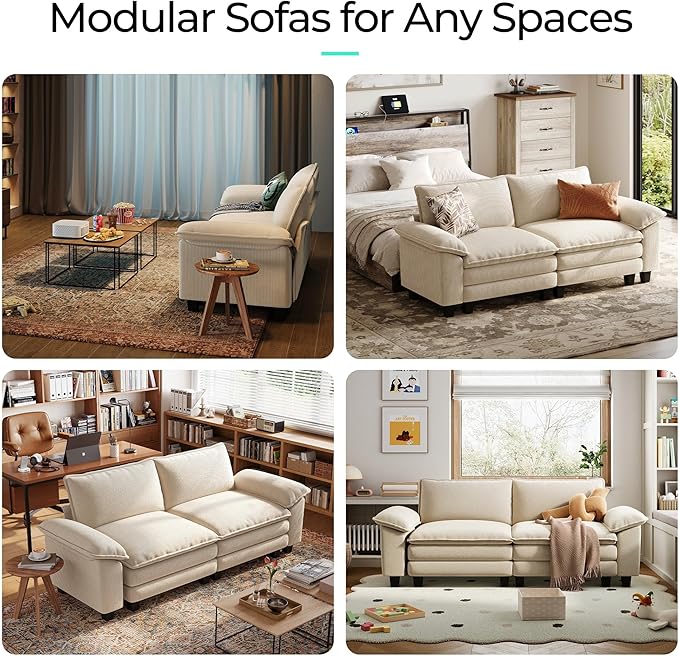 LINSY HOME 90" Modular Cloud Love Seat Sofa, Corduroy Soft Sectional Couch, Modern Comfy Love Seat, Perfect for Living Room, Apartment, Office, Beige