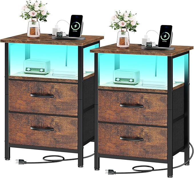 Vagusicc Nightstands Set of 2 Charging Station, End Tables with LED Lights, Bedside Table with 2 Fabric Drawers & Storage Shelves, 24.2" Tall Side Table Night Stand Set 2 for Bedroom, Rustic Brown