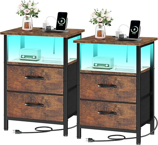 Vagusicc Nightstands Set of 2 Charging Station, End Tables with LED Lights, Bedside Table with 2 Fabric Drawers & Storage Shelves, 24.2" Tall Side Table Night Stand Set 2 for Bedroom, Rustic Brown