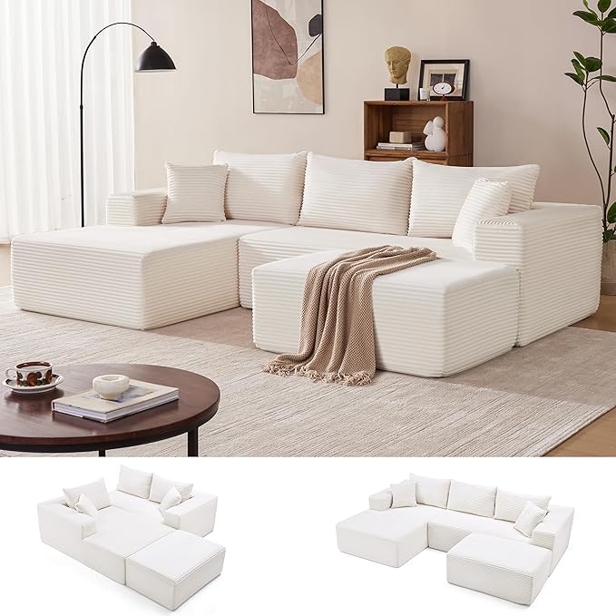 Mangodan 110” Cloud Sectional Couch, Modular Sectional Sofa with Deep Seat, Boneless Sofa for Living Room, Fluffy Comfy U-Shaped Couch with Left Facing Chaise, No Assembly Required, Beige