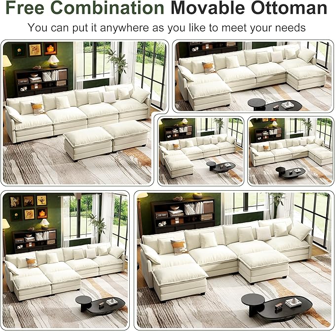 146" Cloud Couch Sectional, U Shaped Modular Sectional Sofa, 4-Seat Deep Seat Couch with 6 Removable Washable Pillows and 2 Ottoman for Living Room, Bedroom, Apartment, Beige