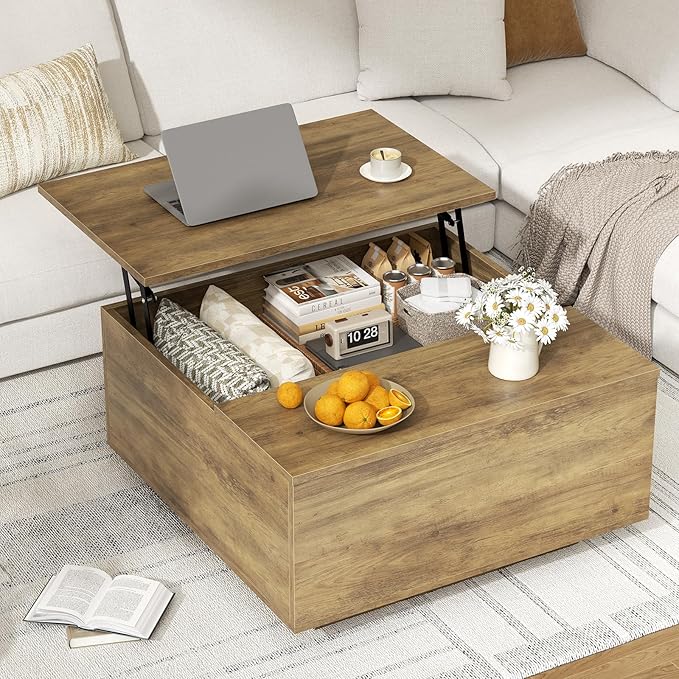 FABATO Lift Top Coffee Table, Wood Square Coffee Table with Storage, Farmhouse Coffee Tables with Hidden Storage Compartment, Center Table with Lifting Tabletop for Living Room, Home Office, Oak
