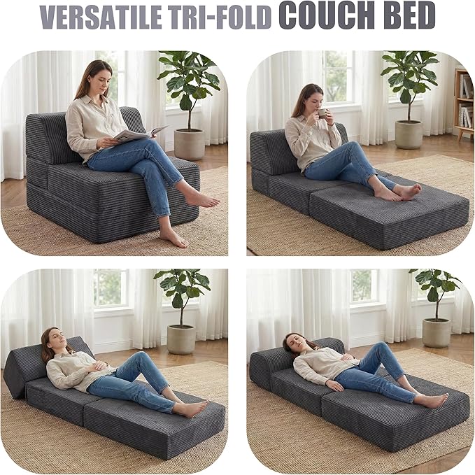 Kasunpul Folding Sofa Bed with Pillow, Memory Foam Fold Out Chair Bed, Convertible Sleeper Chair with Washable Cover, Futon Floor Couch for Living Room/Dorm/Guest Use/Home Office/Apartment, Gray