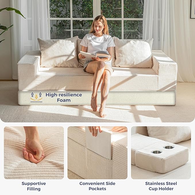 MAXYOYO Convertible Sofa Bed, 80" Oversized Boneless Loveseat Couch 4 in 1 Foldable Floor Sofa Couch in A Box with 2 Cup Holders, Folding Sleeper Chair for Living Room, No Assembly Required, Beige