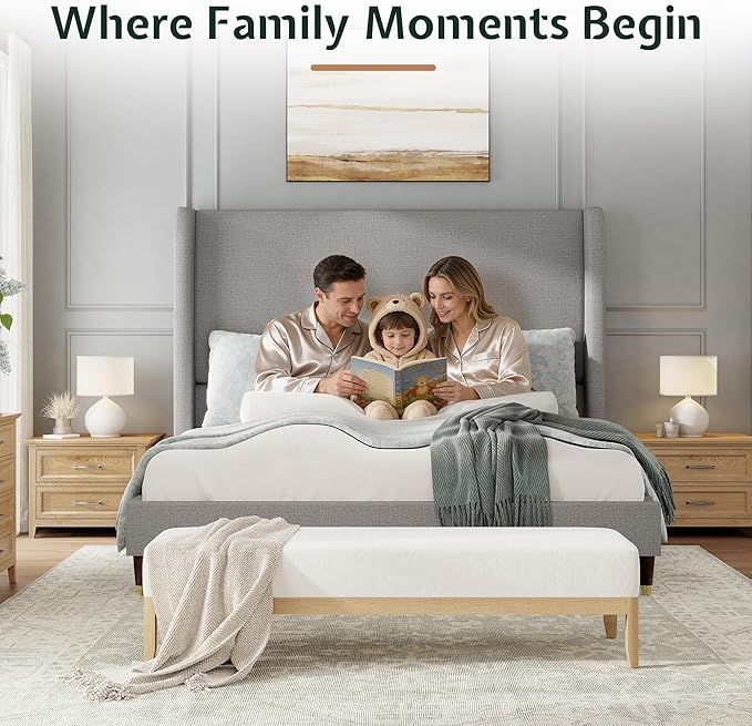Jocisland Queen Size Bed Frame 51.2" Wingback Headboard Linen Upholstered Platform Bed,Solid Wood Legs & Wooden Slats,No Box Spring Needed,Noise-Free,for Family Guest Room Cozy Home,Light Grey
