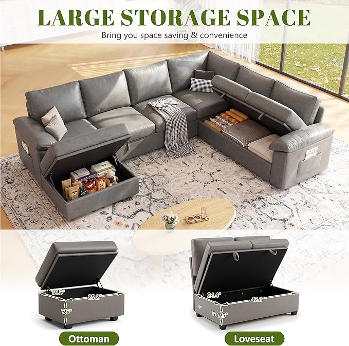 108 Inch Faux Leather Modular Sectional Sofa with Pull Out Bed,U Shaped 7 Seat Sectional Sleeper Sofa with Storage,Sectional Couches for Living Room,Cloud Modular Couch,Gray Leather