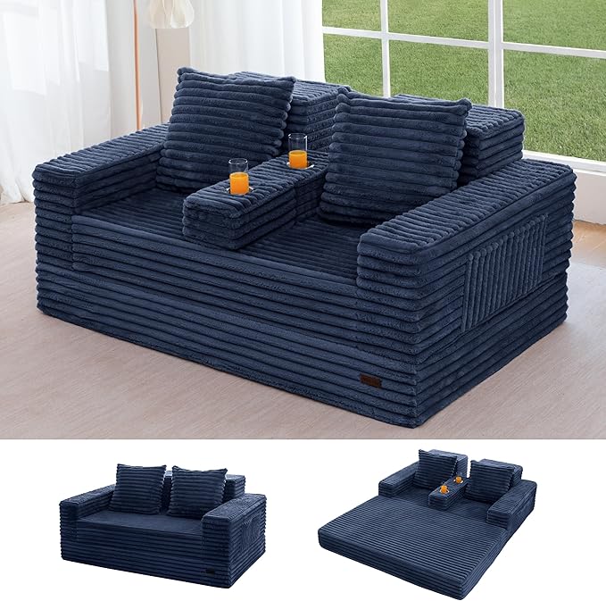 MAXYOYO Loveseat Sofa Bed, Striped Faux Fur Foldable Floor Sofa Couch in A Box, 4 in 1 Convertible Boneless Couch with 2 Cup Holders, Folding Recliner Sleeper Chair, No Assembly Required, Navy