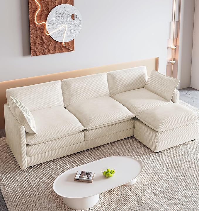 ROWHY 112'' Oversized Modular Sectional Cloud Couch with Movable Ottoman, 4 Seat Modern Corduroy Sofa, Deep Seat L Shaped Couch for Living Room Bedroom Apartment, Cream
