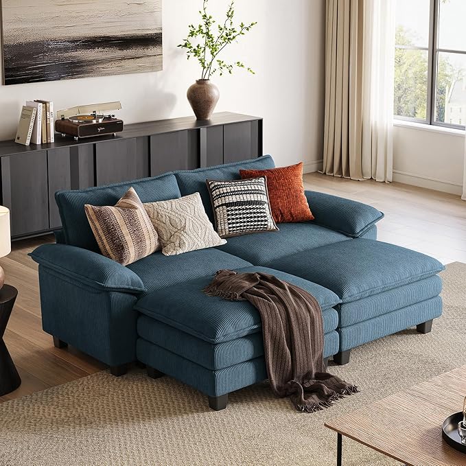 LINSY HOME 90" Modular Cloud Love Seat Sofa, Corduroy Soft Sectional Couch, Modern Comfy Love Seat with 2 Movable Ottoman, Perfect for Living Room, Apartment, Office, Blue