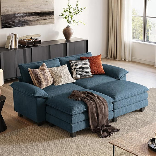 LINSY HOME 90" Modular Cloud Love Seat Sofa, Corduroy Soft Sectional Couch, Modern Comfy Love Seat with 2 Movable Ottoman, Perfect for Living Room, Apartment, Office, Blue