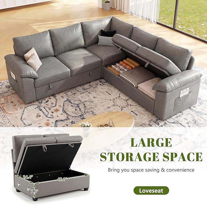 85 Inch Faux Leather Modular Sectional Sofa with Pull Out Bed, L Shaped 5 Seat Sectional Sleeper Sofa with Storage, Sectional Couches for Living Room, Cloud Modular Couch,Gray Leather