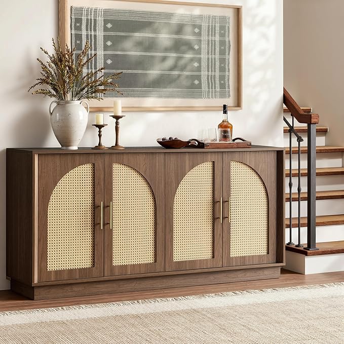 FORTUNETEC 63" Sideboard Buffet Cabinet with Storage, Modern Accent Cabinet with Rattan Arched Doors, Modular Media Console, Boho Credenza for Living Room Kitchen Dining Room Entryway, Walnut