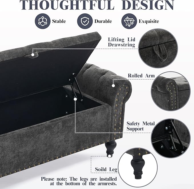 51" Storage Ottoman Bench, End of Bed Bench for Bedroom, Chenille Upholstered Benches for Foot of Bed, Window Benches, Storage Ottomans for Living Room, Entryway, Dark Gray