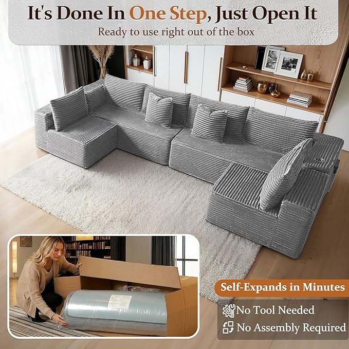 138" Cloud Sectional Couch, Comfort U Shaped Sofa for Living Room, Extra Deep Seats No Assembly, Minimalist Modular Couch, Corduroy (Light Grey, 6 Seats,U-Shape B)