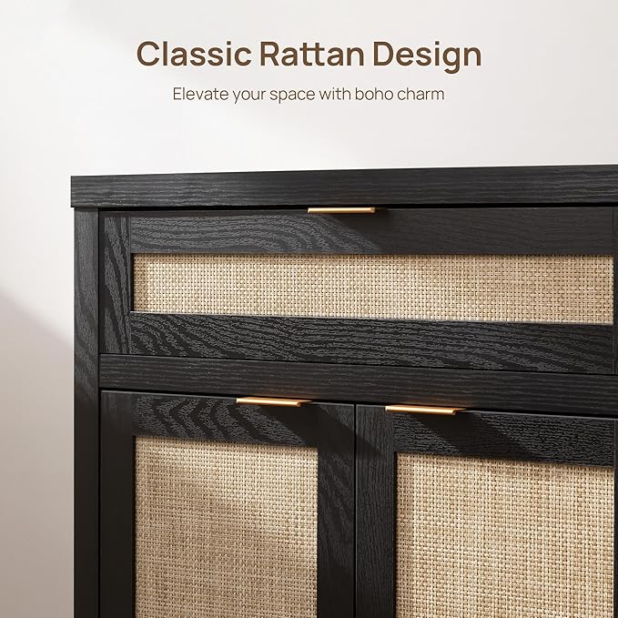 SICOTAS Sideboard Buffet Storage Cabinet Set of 3, Rattan Credenza Buffet Table, Modern Console Accent Cabinet with Doors and Drawer, Coffee Bar for Kitchen Entryway Living Room, Black