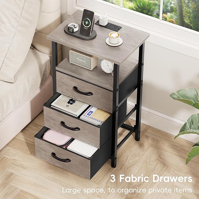 Vagusicc Nightstand with Charging Station, Bedside Table with USB Ports and Outlet, End Table Side Table with 3 Fabric Drawers and Storage Shelf, Bed Side Table Night Stand for Bedroom, Greige