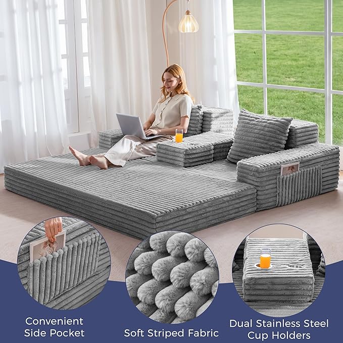 MAXYOYO Loveseat Sofa Bed, Striped Faux Fur Foldable Floor Sofa Couch in A Box, 4 in 1 Convertible Boneless Couch with 2 Cup Holders, Folding Recliner Sleeper Chair, No Assembly Required, Grey
