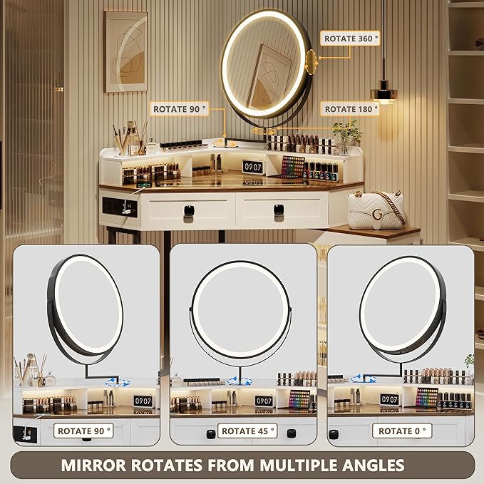 FREDEES Corner Vanity with Mirror and Lights,Modern Makeup Vanity Set with Charging Station for Bedroom/Cloakroom,Glass Top Vanity Table with Drawers and Shelves,White