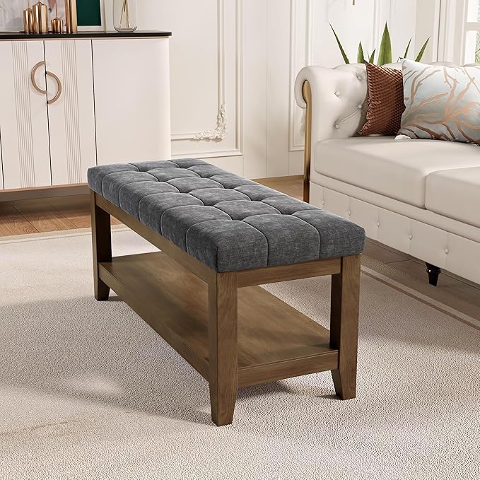 ABHENG Solid Rubber Wood Shoe Bench, Soft Chenille Material Upholstered Seat, 770LB Load Capacity, Multi-Storage for Entryway/Bedroom/Living Room, Vintage Style, 43.3"x15.7"x17.7", Dark Gray,UASND65G