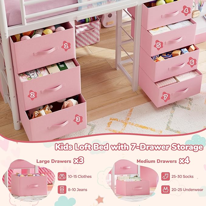Twin Low Loft Bed with Desk, 7 Storage Drawers & LED Lights, Kids Metal Loft Bed with 12" H Safety Guardrail, Underbed Play Space & Curtain, Anti-Collision Pad (Pink)