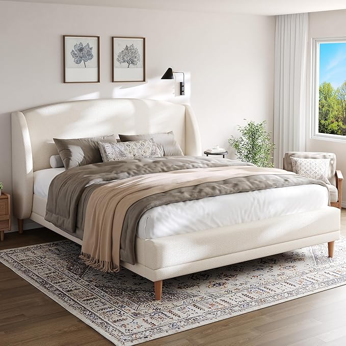 Christopher Knight Home Hazel King Size Bed Frame, Upholstered Platform Bed, Soft Boucle Wingback Headboard, Wood Bed Support and Slats, Curved-Shaped Headboard King Beds for Adult, 45.60" H White