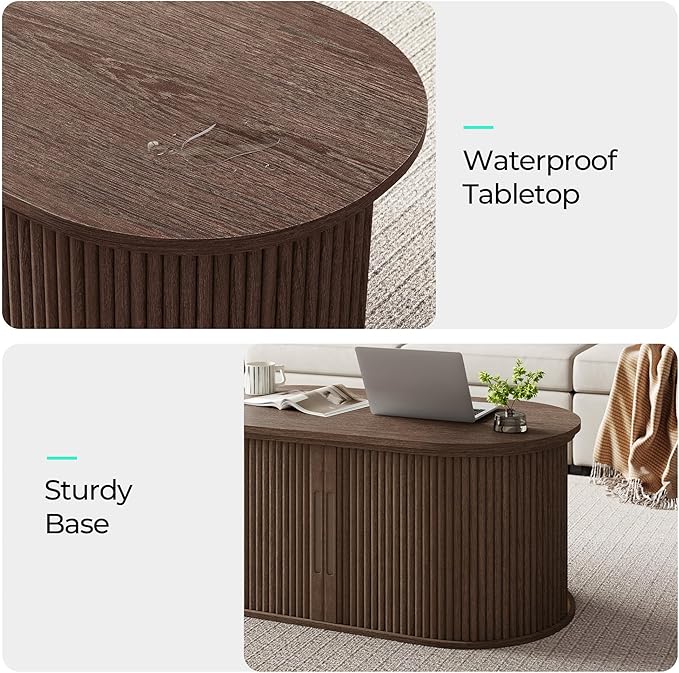 LINSY Lift Top Coffee Table, Oval Fluted Coffee Table with Storage, Mid Century Modern Wooden Coffee Tables with Sliding Tambour Door, 39" Center Table for Living Room, Office, Small Space, Walnut
