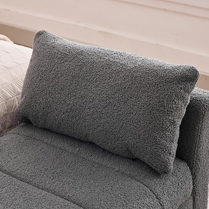 Storage Bench for Bedroom End of Bed King Size, 66'' Bedroom Benches for Foot of Bed King, Grey Teddy End of Storage Bench with Gold Legs & 2 Pillows for Entryway, Windows, Closet