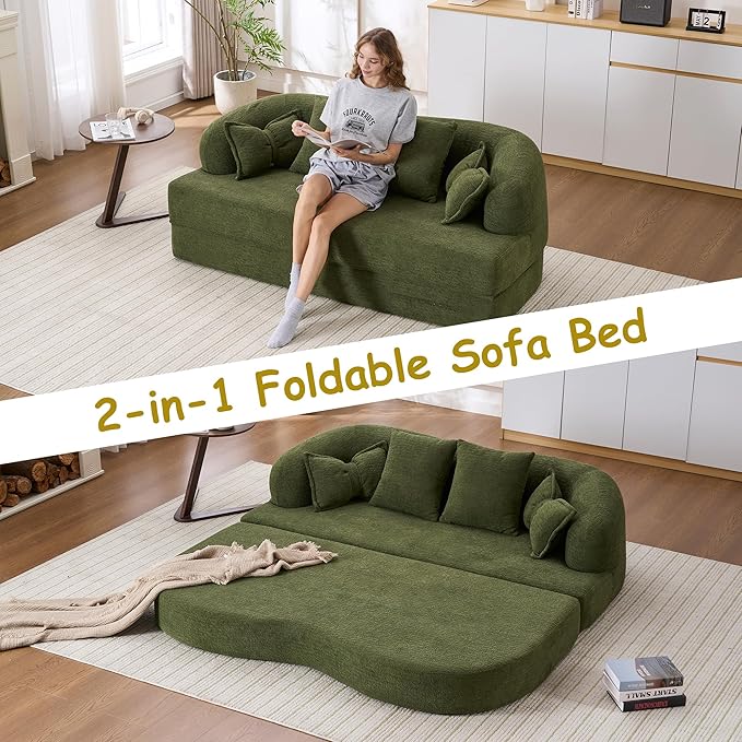 70" Convertible Sofa Bed, 2-in-1 Boneless Sleeper Sofa, Soft Chenille Folding Sofa Loveseat with 4 Pillows, Love Seat Small Couch for Small Spaces, Living Room, Bedroom, No Assembly