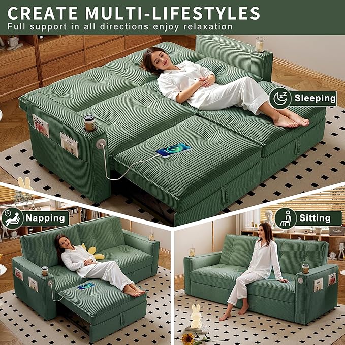 healthomse 73.2" Convertible Sofa Bed, 2-in-1 Multi-Functional Loveseat Sleeper, Modern Corduroy Couch with Side Pocket, for Living Rooms, Bedrooms, Apartments, Small Spaces (Green, 73.2inch)
