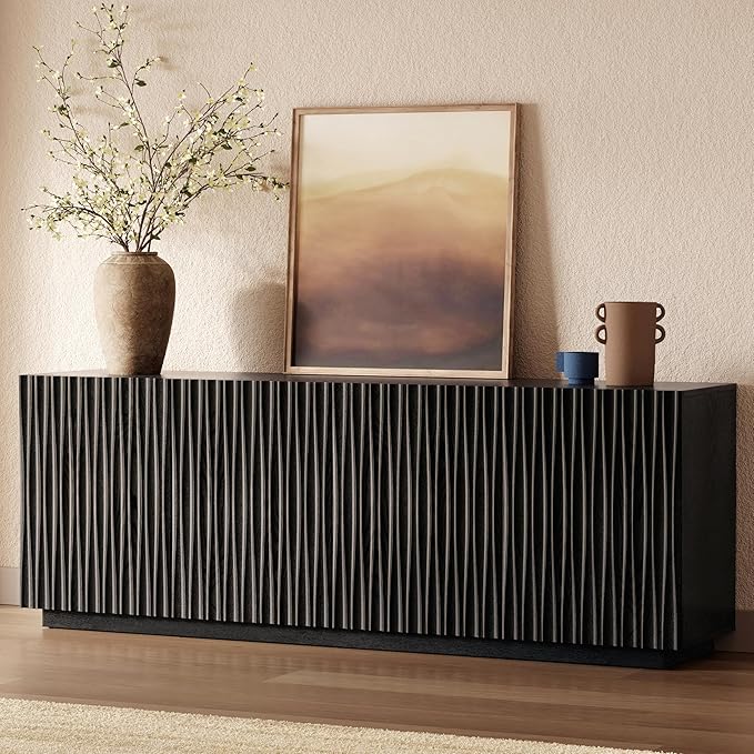 70" Fluted TV Stand for TVs Up to 50/55/65/75", Mid-Century Modern Entertainment Center for Living Room, Tall Sideboard & Storage Cabinet Wavy Media & TV Console, 8 Cable Holes&Soft-Close,Black Walnut