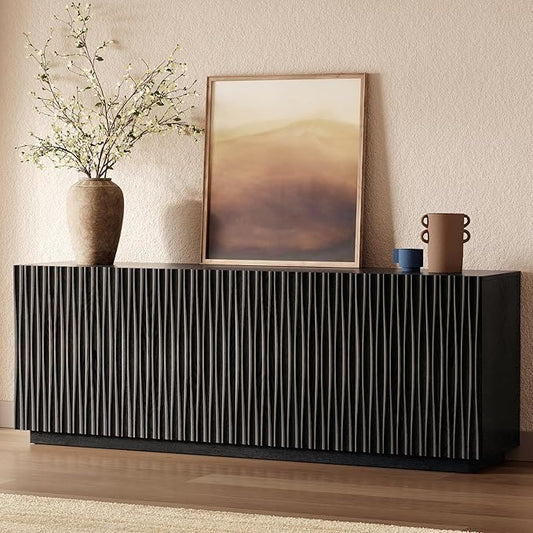 70" Fluted TV Stand for TVs Up to 50/55/65/75", Mid-Century Modern Entertainment Center for Living Room, Tall Sideboard & Storage Cabinet Wavy Media & TV Console, 8 Cable Holes&Soft-Close,Black Walnut