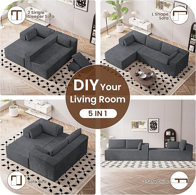 106" Cloud Sectional Boneless Couches for Living Room, Modular U Shaped Couch with Deep Seat, Removable Ottoman, Memory Foam Compressed Spineless 4 Seater Sofa for Bedroom Apartment, Grey