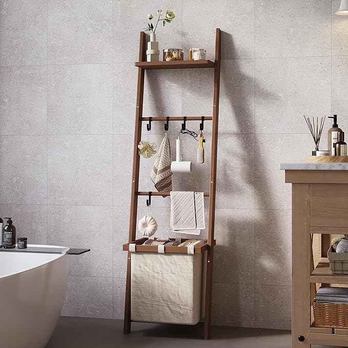 63" Bamboo Blanket Ladder with Shelf, Fabric Storage Basket and 5 Hooks, 4 Tier Leaning Blanket Rack, Farmhouse Towel Ladder Rack, Decorative Quilt Rack Holder for Living Room Bedroom Bathroom, Walnut