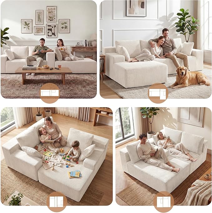 GRUSIGN Cloud Sectional Boneless Couches for Living Room, Modular L Shaped Couch with Deep Seat Oversized Left Facing Chaise, Memory Foam Compressed Spineless 3 Seater Sofa for Apartment, Beige