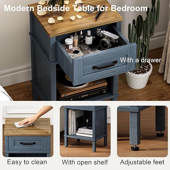 Small Farmhouse Nightstand, Wood Night Stand Set, End Table with Drawer, Small Rustic Wooden Bedside Table, Bed Side Table for Bedroom, Blue end Table with Storage for Bedroom LET512LR