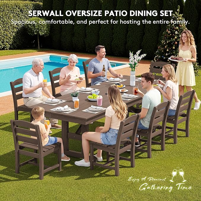 SERWALL Outdoor Armless Dining Chairs Set of 2, All-Weather HDPE Patio Chair with 19.7" Widened Seat, for Backyard, Garden, Brown