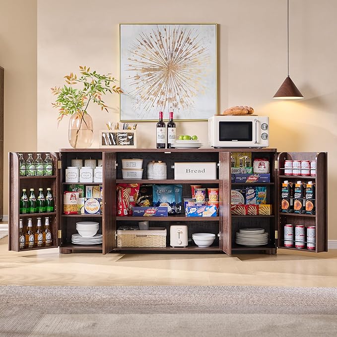 IFGET Curved Buffet Cabinet with Doors, 66" Large Sideboard Buffet Storage Cabinet with 4 Doors and Shleves, Modern Coffee Bar Station Wood Kitchen Table for Kitchen, Dining Room, Borwn