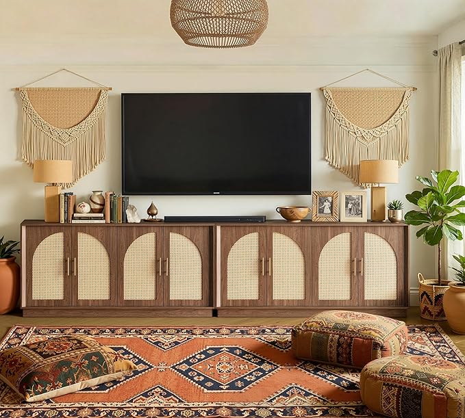 FORTUNETEC 63" Sideboard Buffet Cabinet with Storage, Modern Accent Cabinet with Rattan Arched Doors, Modular Media Console, Boho Credenza for Living Room Kitchen Dining Room Entryway, Walnut